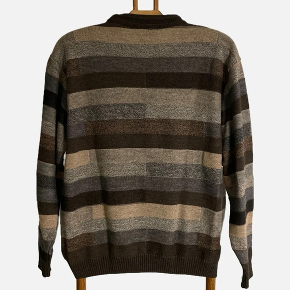 Vintage Tosani Men’s Crewneck Sweater Large Wool blend Brown Tan Striped - Picture 2 of 8